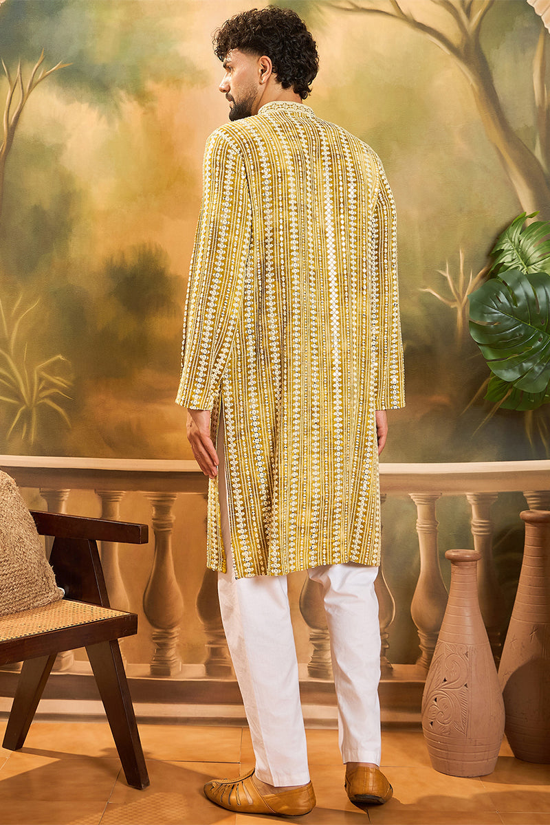 Mustard Viscose Rayon Shibori Embroidered Straight Kurta MKU1410