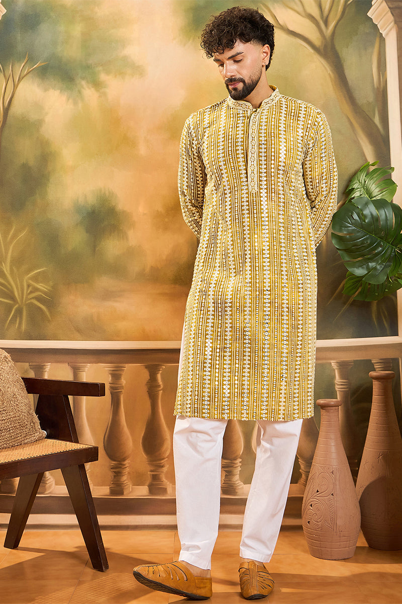 Mustard Viscose Rayon Shibori Embroidered Straight Kurta MKU1410