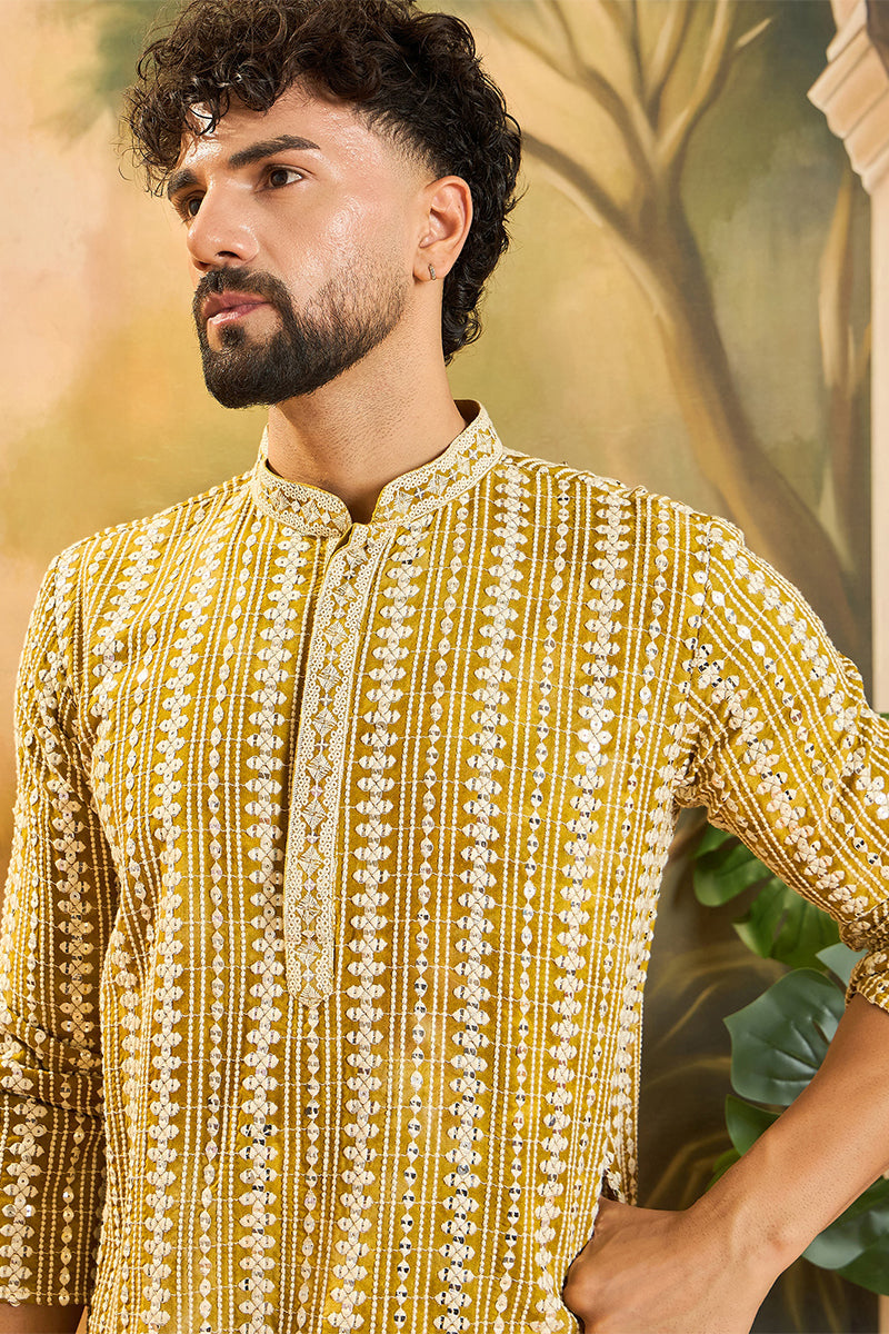 Mustard Viscose Rayon Shibori Embroidered Straight Kurta MKU1410