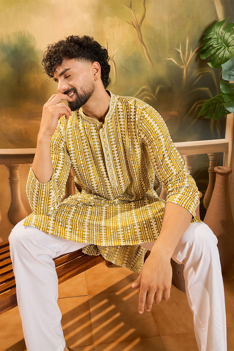 Mustard Viscose Rayon Shibori Embroidered Straight Kurta MKU1410