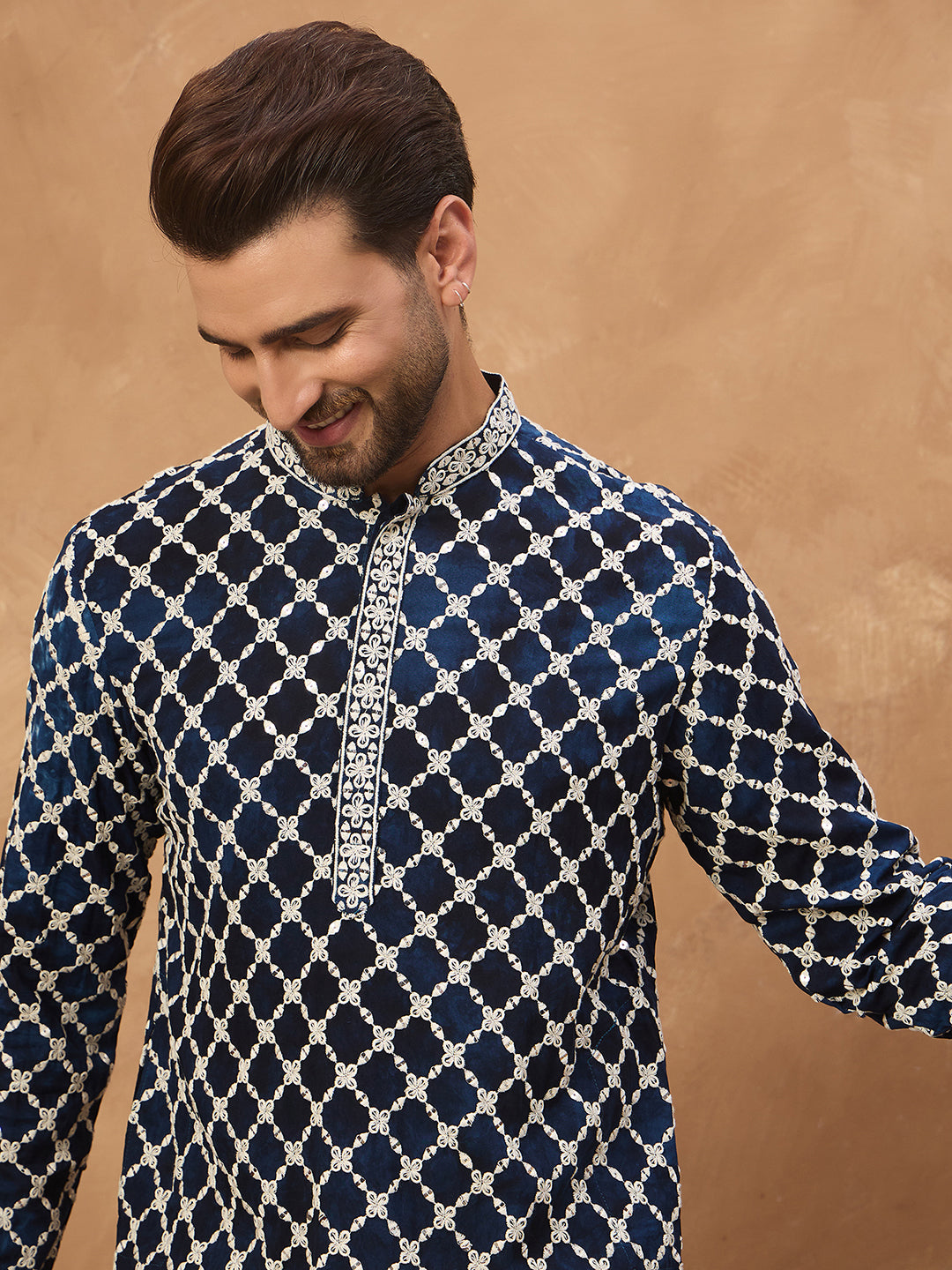 Ethnic Bay Men Blue Viscose Rayon Shibori Embroidered Straight Kurta-MKU1414