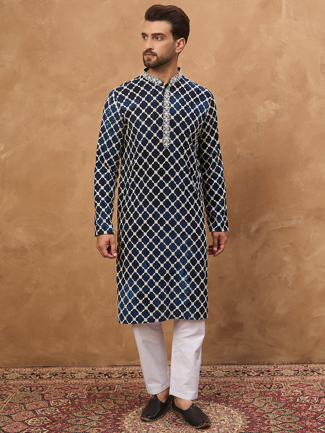 Ethnic Bay Men Blue Viscose Rayon Shibori Embroidered Straight Kurta-MKU1414