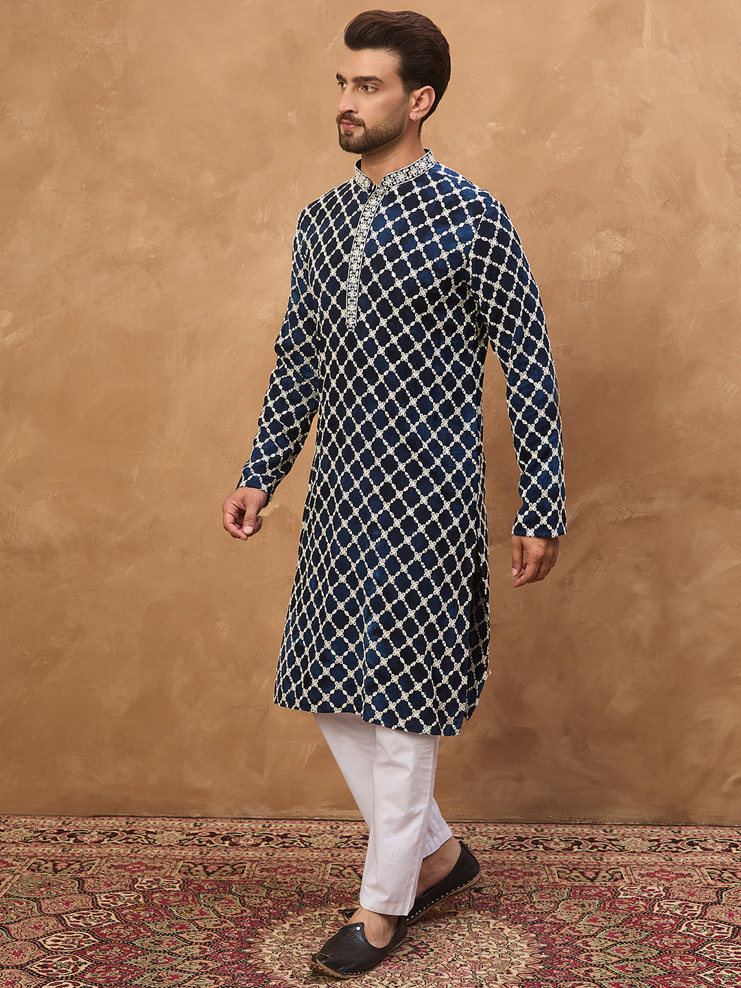 Ethnic Bay Men Blue Viscose Rayon Shibori Embroidered Straight Kurta-MKU1414