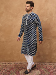 Ethnic Bay Men Blue Viscose Rayon Shibori Embroidered Straight Kurta-MKU1414