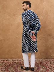 Ethnic Bay Men Blue Viscose Rayon Shibori Embroidered Straight Kurta-MKU1414