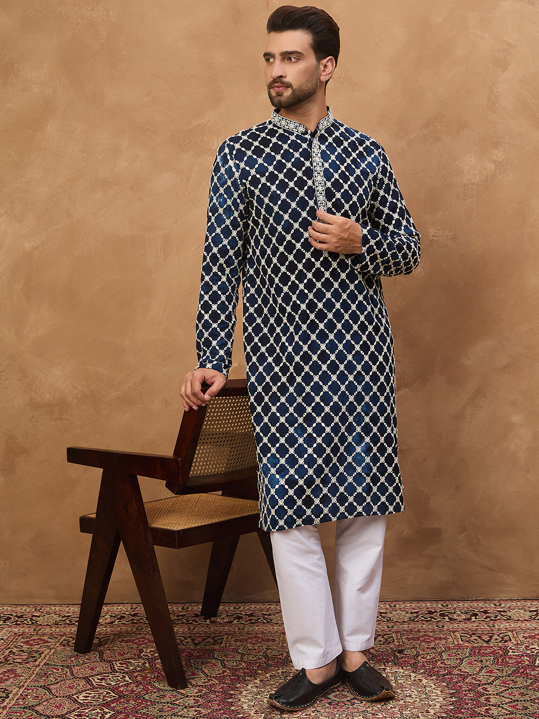 Ethnic Bay Men Blue Viscose Rayon Shibori Embroidered Straight Kurta-MKU1414