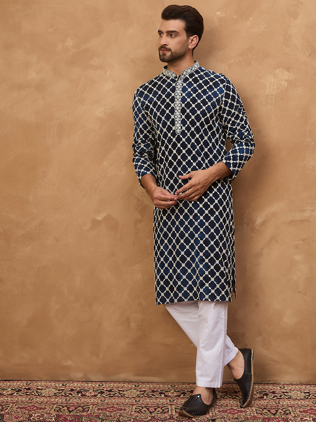 Ethnic Bay Men Blue Viscose Rayon Shibori Embroidered Straight Kurta-MKU1414