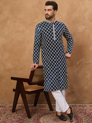 Ethnic Bay Men Blue Viscose Rayon Shibori Embroidered Straight Kurta-MKU1414