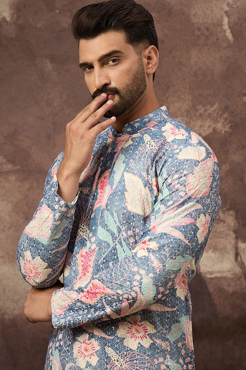 Blue Viscose Rayon Floral Embroidered Straight Kurta MKU1429