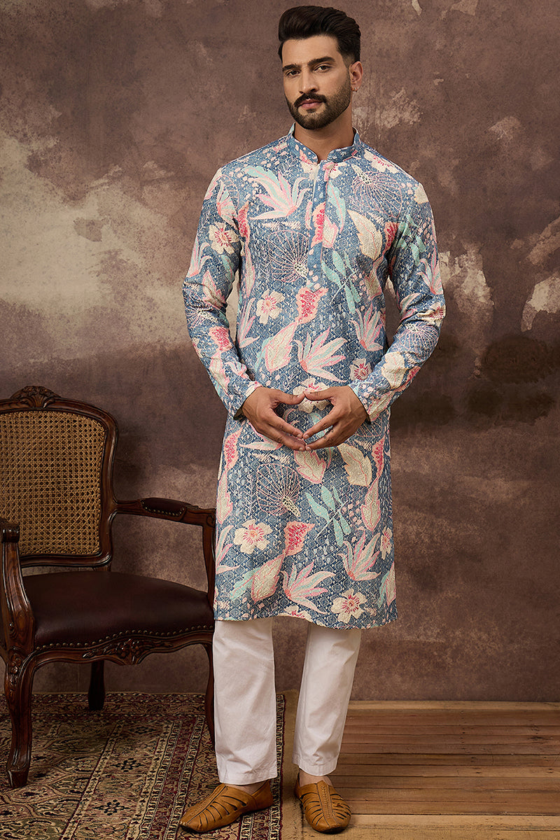 Blue Viscose Rayon Floral Embroidered Straight Kurta MKU1429
