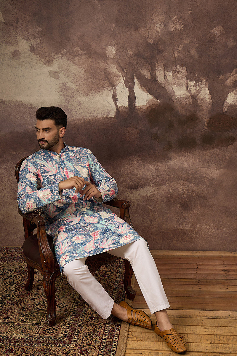 Blue Viscose Rayon Floral Embroidered Straight Kurta MKU1429