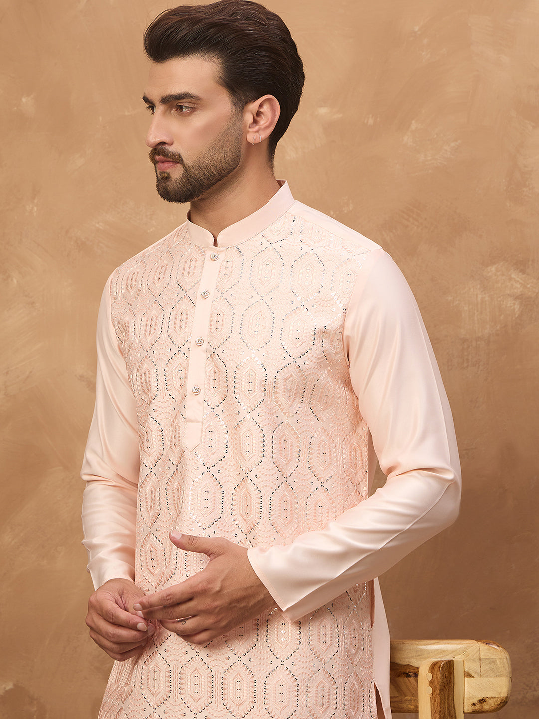 Ethnic Bay Men Peach Silk Blend Solid Embroidered Straight Kurta-MKU1431