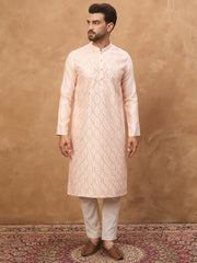 Ethnic Bay Men Peach Silk Blend Solid Embroidered Straight Kurta-MKU1431