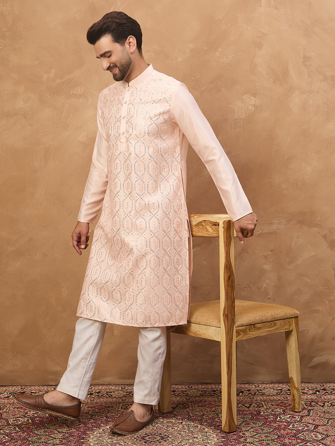 Ethnic Bay Men Peach Silk Blend Solid Embroidered Straight Kurta-MKU1431