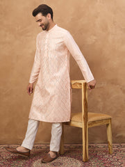 Ethnic Bay Men Peach Silk Blend Solid Embroidered Straight Kurta-MKU1431