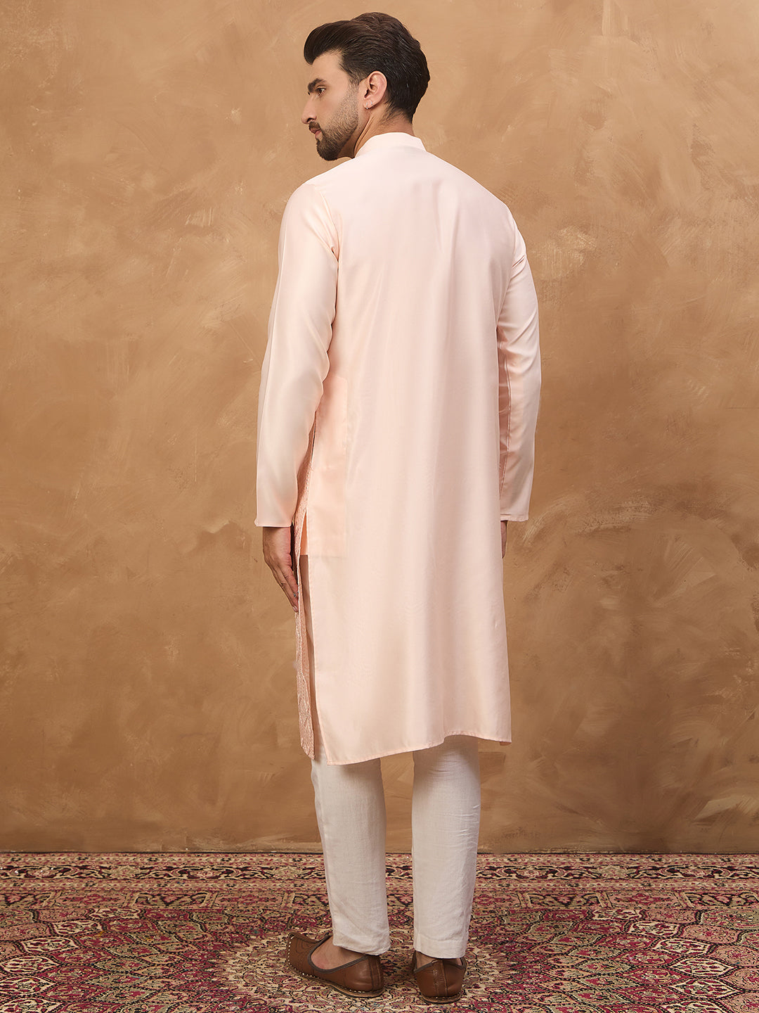 Ethnic Bay Men Peach Silk Blend Solid Embroidered Straight Kurta-MKU1431