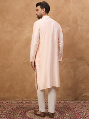 Ethnic Bay Men Peach Silk Blend Solid Embroidered Straight Kurta-MKU1431