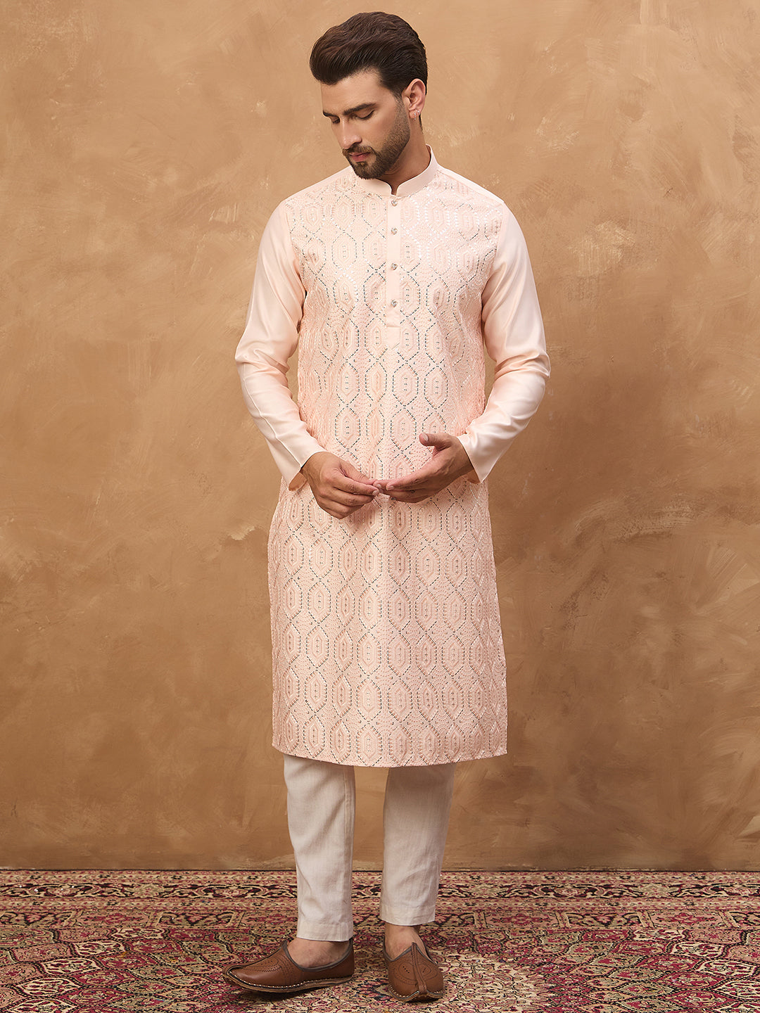 Ethnic Bay Men Peach Silk Blend Solid Embroidered Straight Kurta-MKU1431