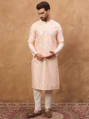 Ethnic Bay Men Peach Silk Blend Solid Embroidered Straight Kurta-MKU1431