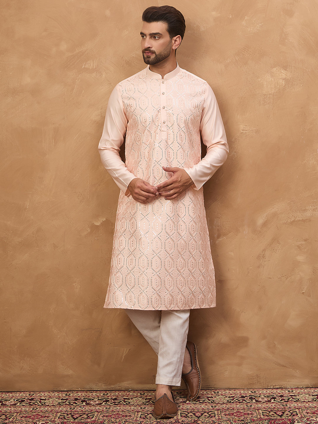Ethnic Bay Men Peach Silk Blend Solid Embroidered Straight Kurta-MKU1431
