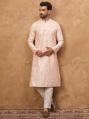 Ethnic Bay Men Peach Silk Blend Solid Embroidered Straight Kurta-MKU1431