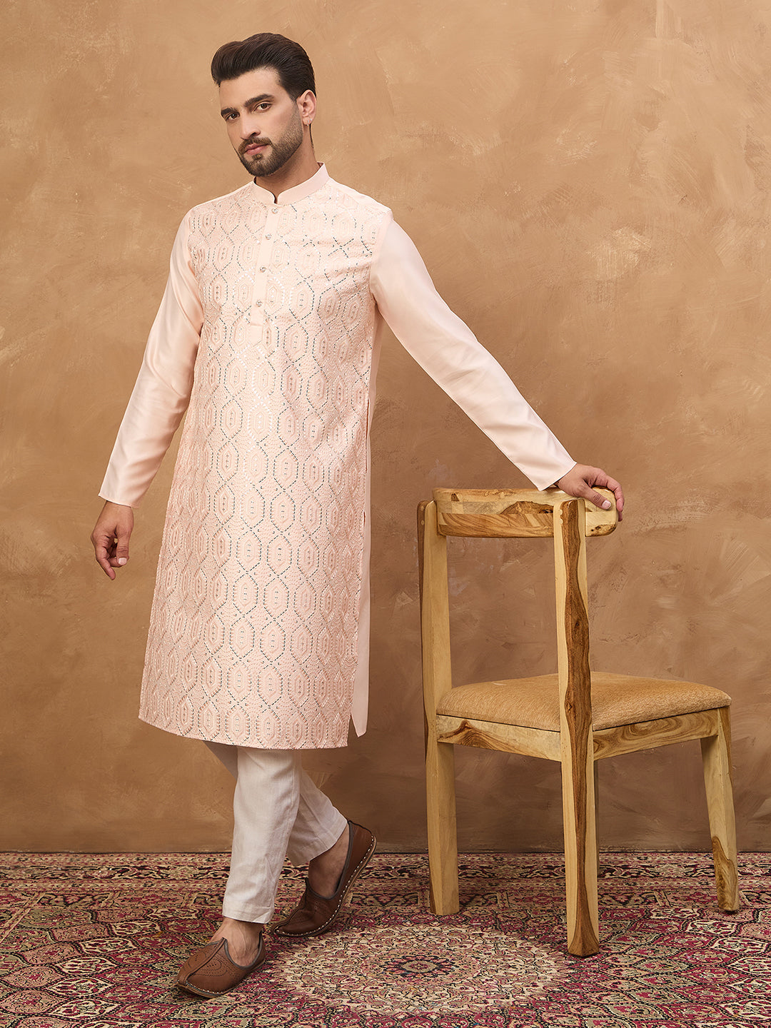 Ethnic Bay Men Peach Silk Blend Solid Embroidered Straight Kurta-MKU1431