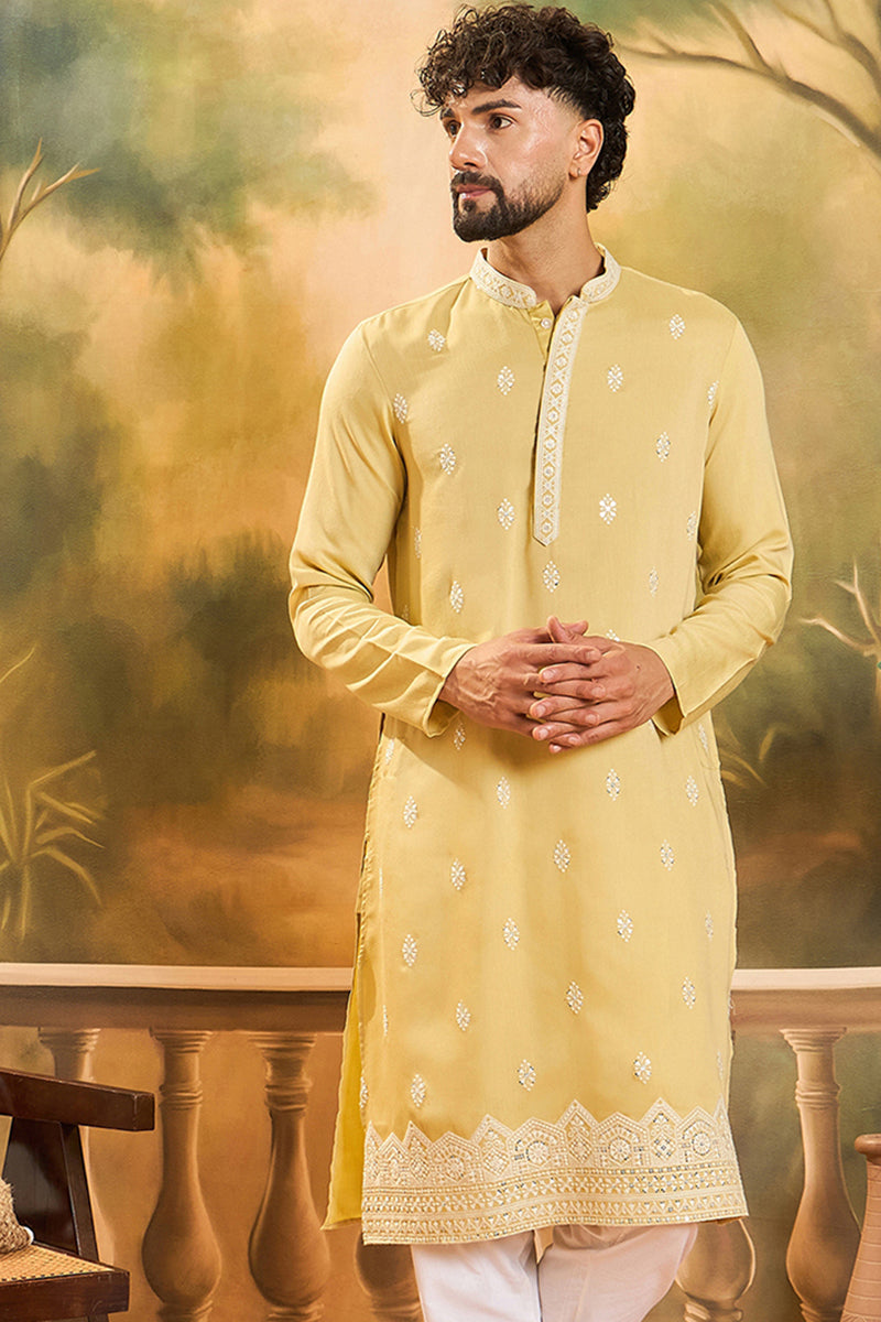 Yellow Silk Blend Solid Embroidered Straight Kurta MKU1434