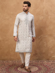 Ethnic Bay Men Grey Silk Blend Solid Embroidered Straight Kurta-MKU1438