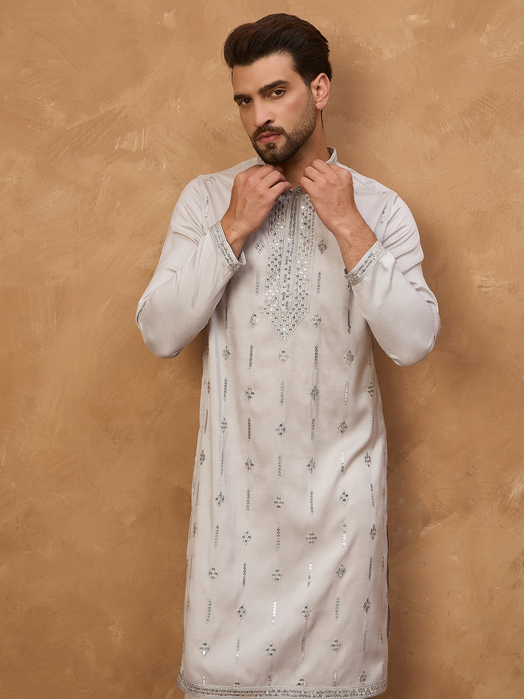 Ethnic Bay Men Grey Silk Blend Solid Embroidered Straight Kurta-MKU1438