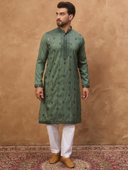 Ethnic Bay Men Green Silk Blend Solid Embroidered Straight Kurta-MKU1439