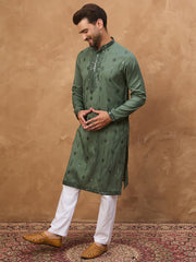 Ethnic Bay Men Green Silk Blend Solid Embroidered Straight Kurta-MKU1439