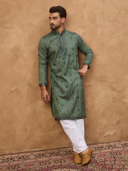Ethnic Bay Men Green Silk Blend Solid Embroidered Straight Kurta-MKU1439