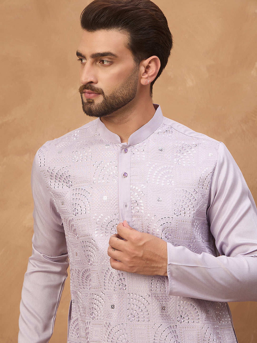 Ethnic Bay Men Lavender Silk Blend Solid Embroidered Straight Kurta-MKU1443