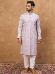 Ethnic Bay Men Lavender Silk Blend Solid Embroidered Straight Kurta-MKU1443