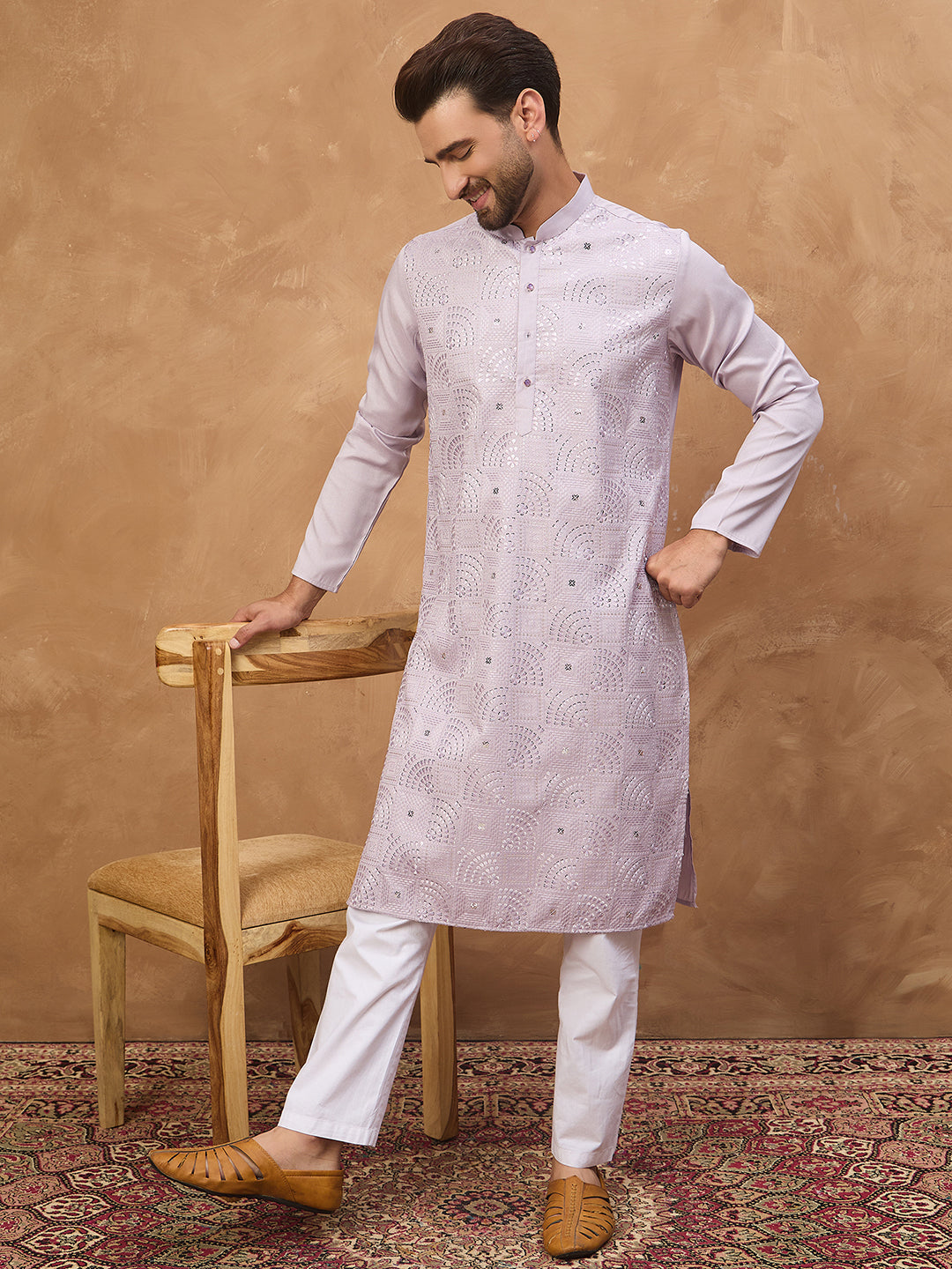Ethnic Bay Men Lavender Silk Blend Solid Embroidered Straight Kurta-MKU1443