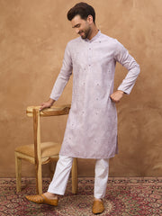 Ethnic Bay Men Lavender Silk Blend Solid Embroidered Straight Kurta-MKU1443