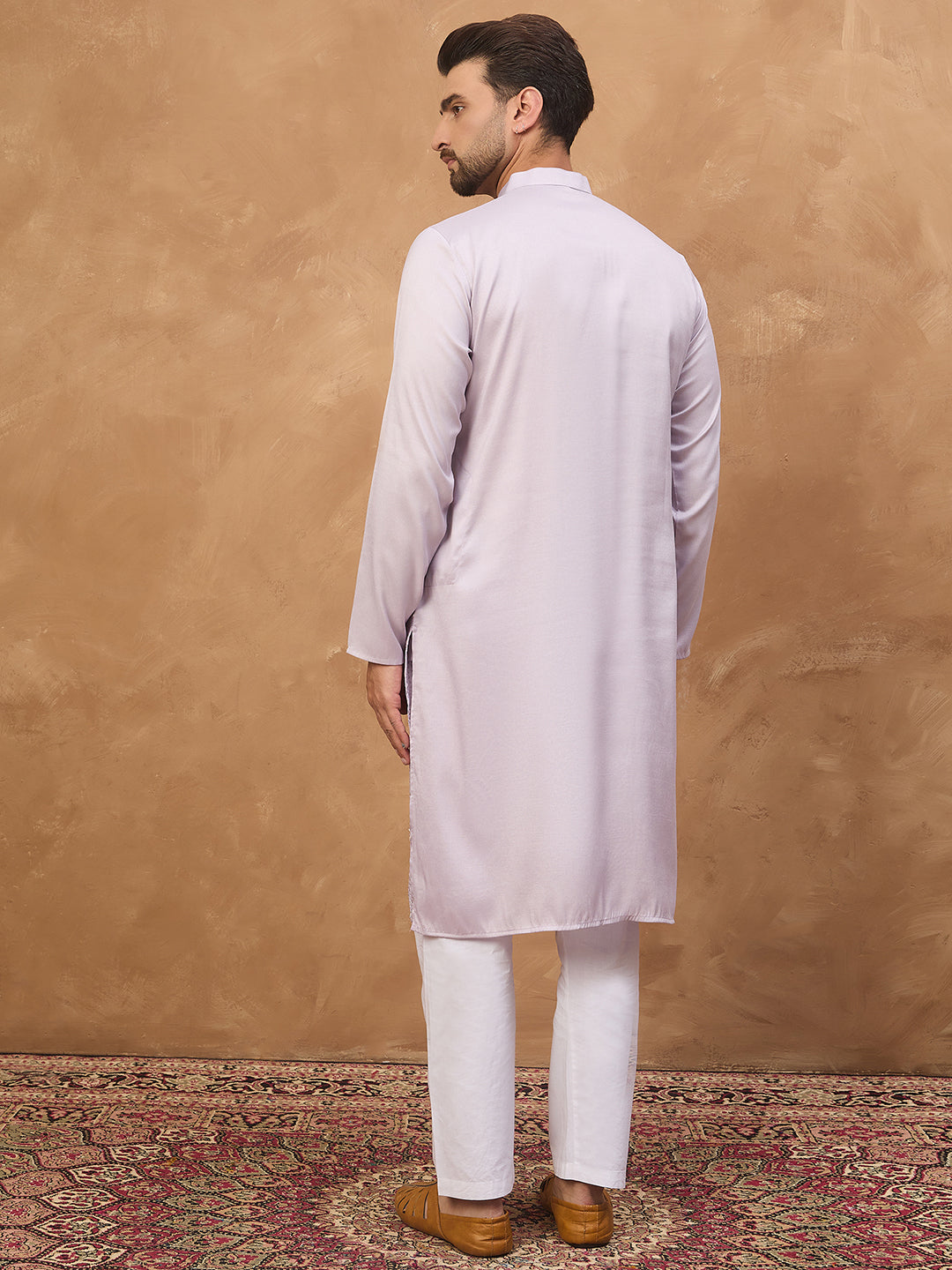 Ethnic Bay Men Lavender Silk Blend Solid Embroidered Straight Kurta-MKU1443