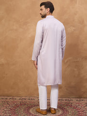 Ethnic Bay Men Lavender Silk Blend Solid Embroidered Straight Kurta-MKU1443
