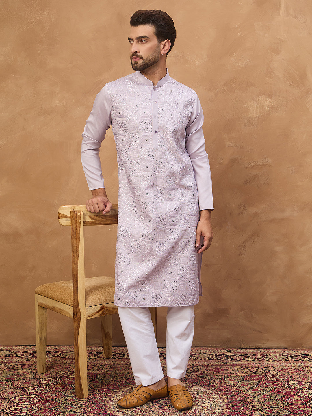Ethnic Bay Men Lavender Silk Blend Solid Embroidered Straight Kurta-MKU1443
