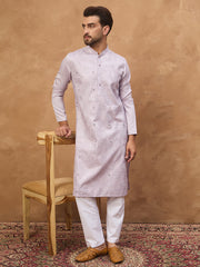 Ethnic Bay Men Lavender Silk Blend Solid Embroidered Straight Kurta-MKU1443