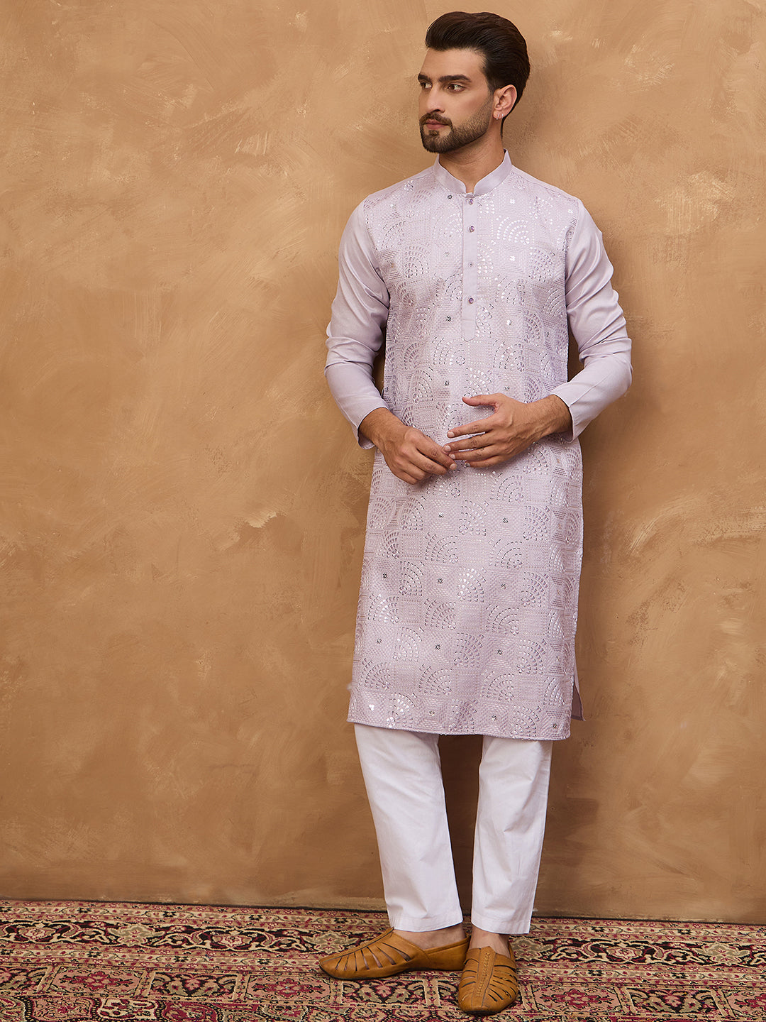 Ethnic Bay Men Lavender Silk Blend Solid Embroidered Straight Kurta-MKU1443