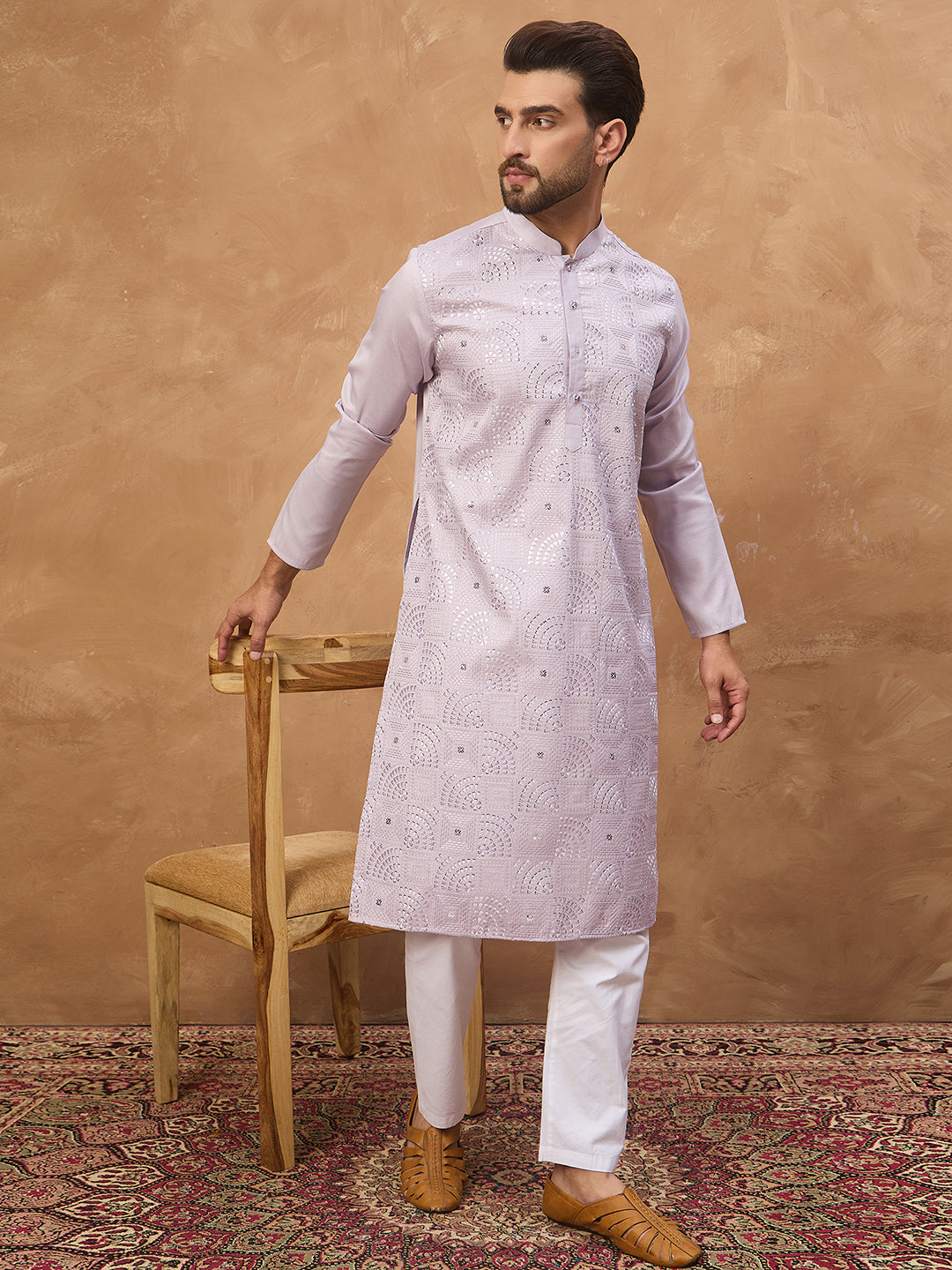 Ethnic Bay Men Lavender Silk Blend Solid Embroidered Straight Kurta-MKU1443