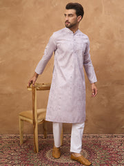 Ethnic Bay Men Lavender Silk Blend Solid Embroidered Straight Kurta-MKU1443