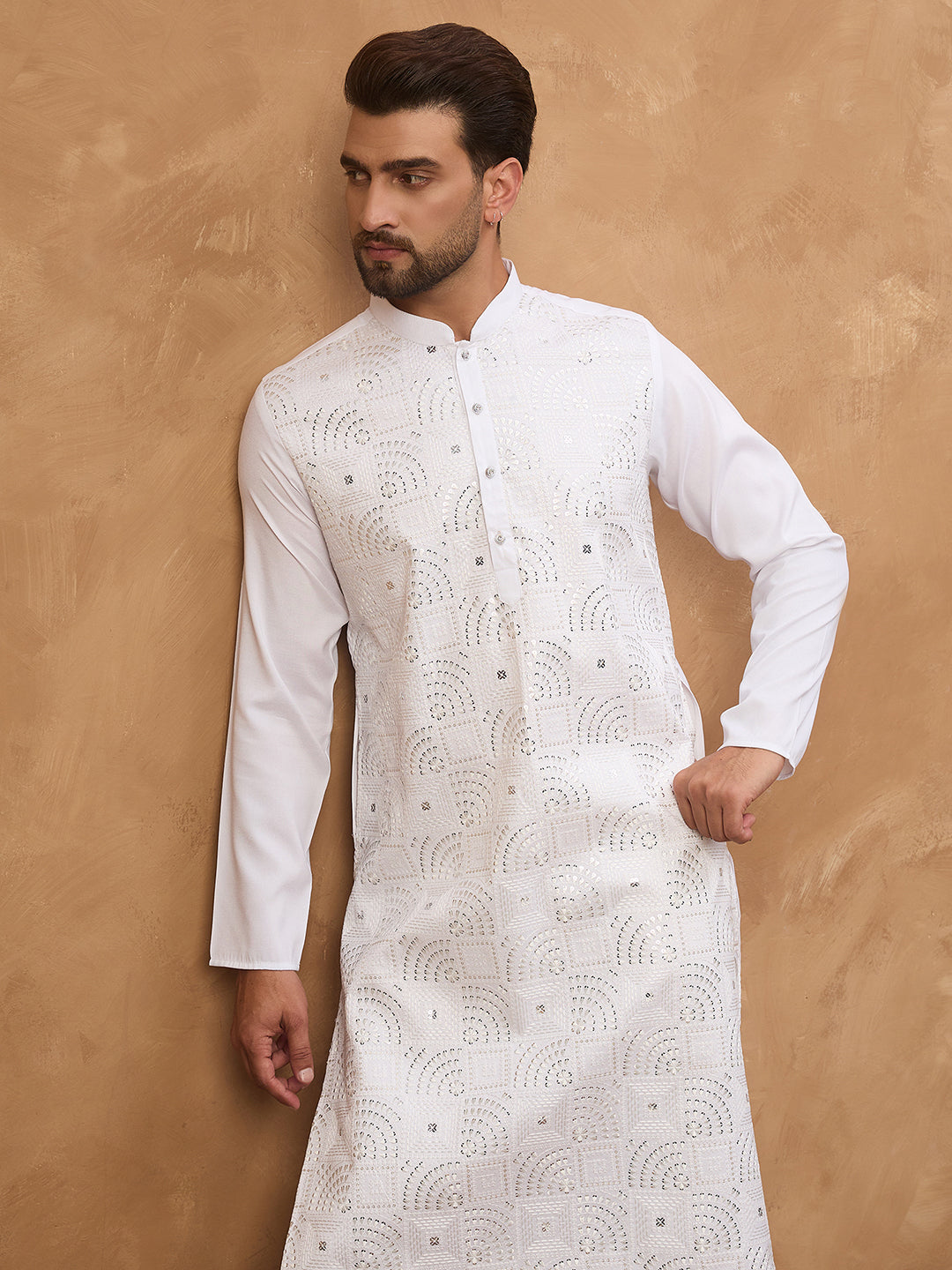 Ethnic Bay Men White Silk Blend Solid Embroidered Straight Kurta-MKU1444