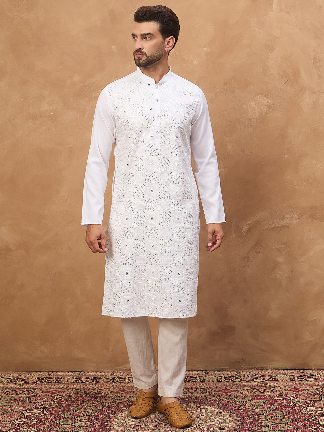 Ethnic Bay Men White Silk Blend Solid Embroidered Straight Kurta-MKU1444