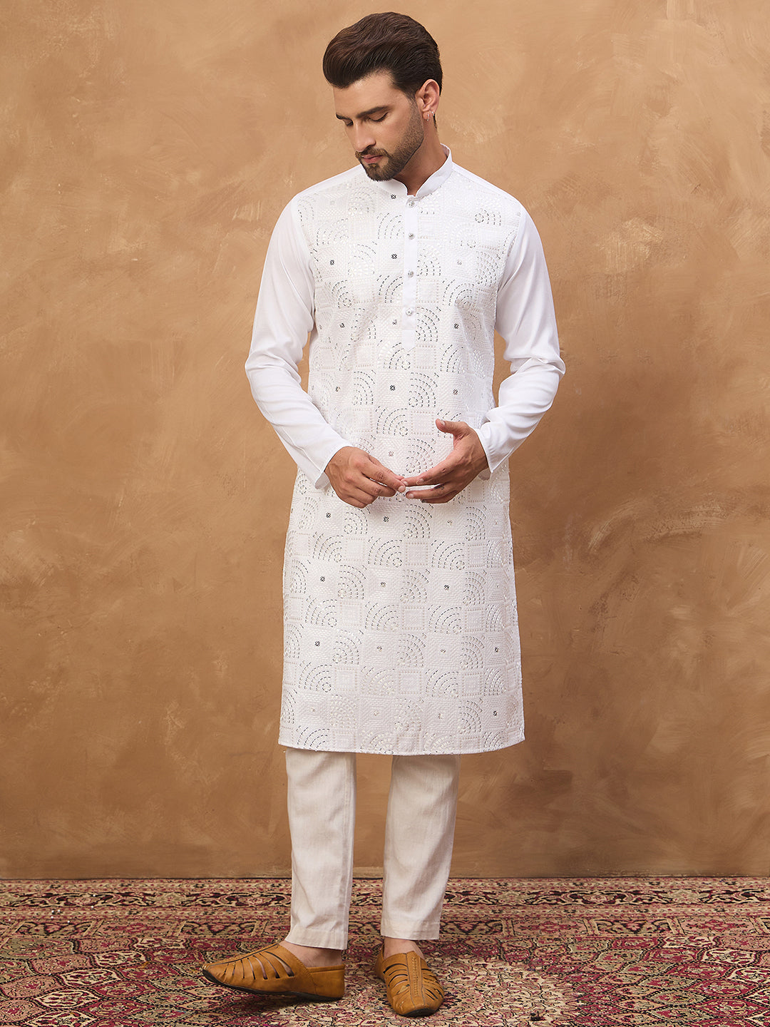 Ethnic Bay Men White Silk Blend Solid Embroidered Straight Kurta-MKU1444