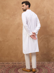 Ethnic Bay Men White Silk Blend Solid Embroidered Straight Kurta-MKU1444