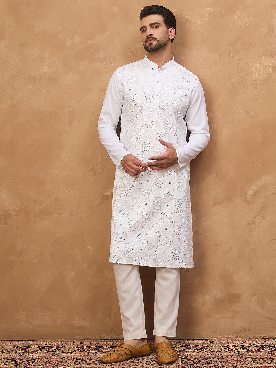 Ethnic Bay Men White Silk Blend Solid Embroidered Straight Kurta-MKU1444
