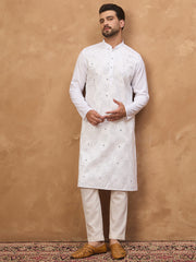 Ethnic Bay Men White Silk Blend Solid Embroidered Straight Kurta-MKU1444