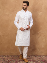 Ethnic Bay Men White Silk Blend Solid Embroidered Straight Kurta-MKU1444